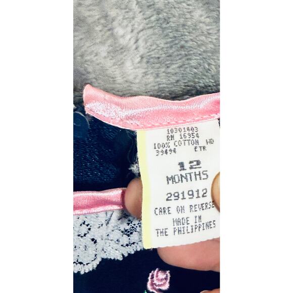 Vintage Velvet Dress Satin Bows Embroidered Rose Accents Lace Puff‎ Sleeve 12M - Picture 4 of 10